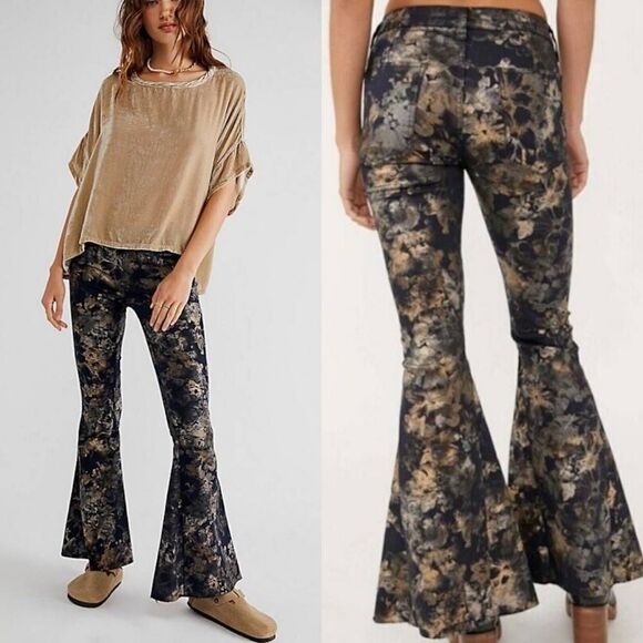 Free People Inferno Flare Bronze Combo Abstract Floral Pants 26 NWOT - Picture 2 of 11